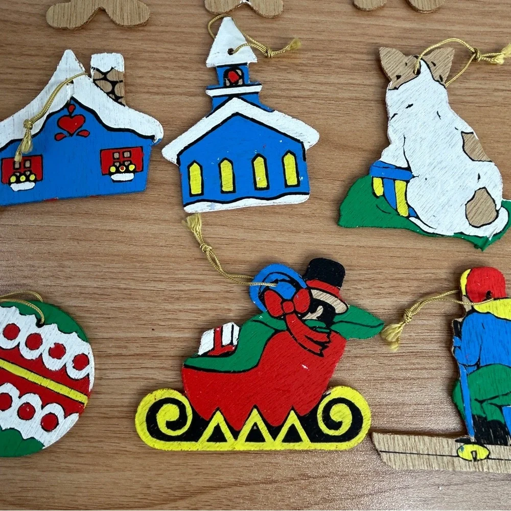 Lot Of 26 Vintage Wooden Christmas Ornaments Hand Painted Double Sided